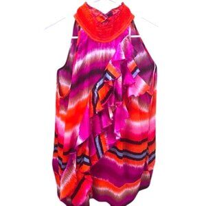 Ashley Stewart Sleeveless Ruffle Halter Blouse In Pink Orange Ikat Stripe Print